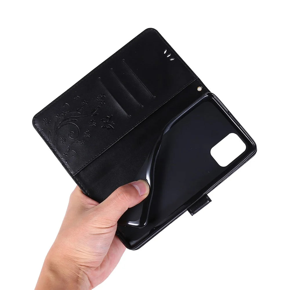Imprint Butterflies Wallet Stand Flip Leather Phone Case for Samsung Galaxy A71 A715 - Black - 6