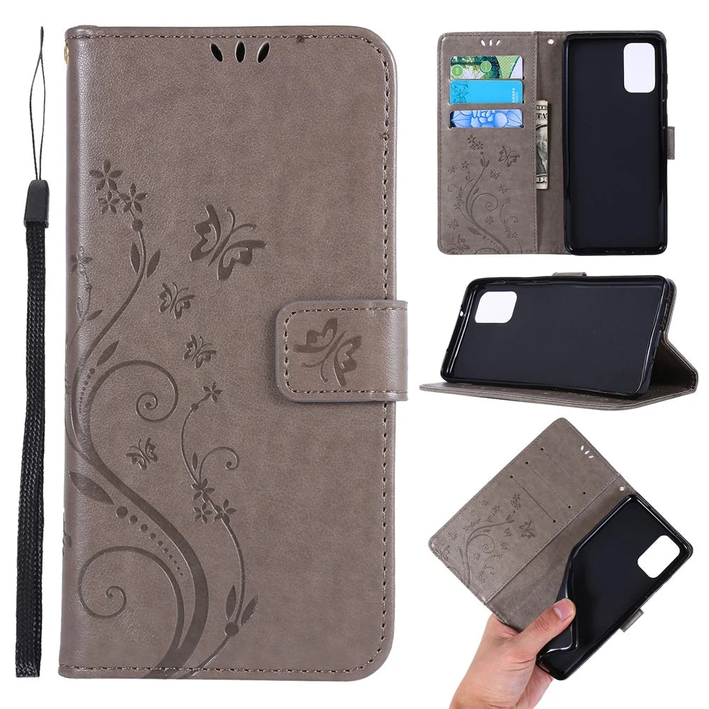 Imprint Butterflies Wallet Stand Flip Leather Phone Case for Samsung Galaxy S20 Plus - Grey - 1