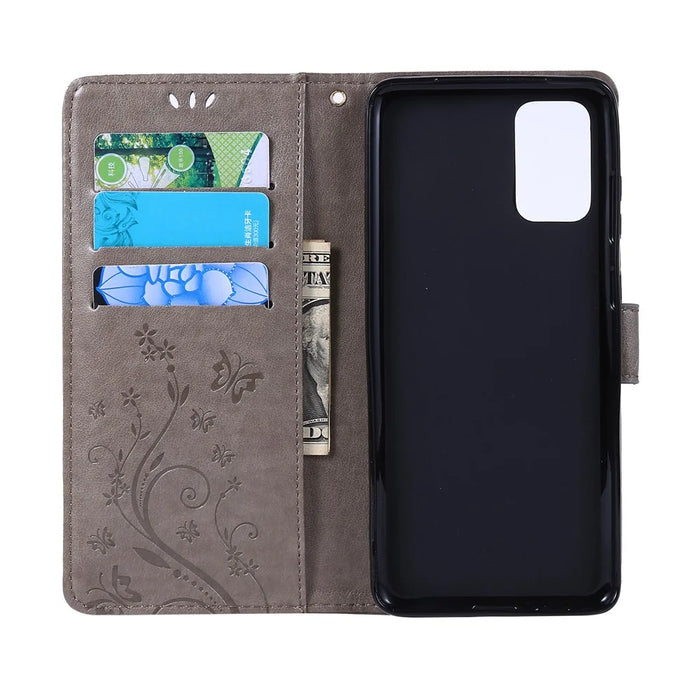 Imprint Butterflies Wallet Stand Flip Leather Phone Case for Samsung Galaxy S20 Plus - Grey - 5