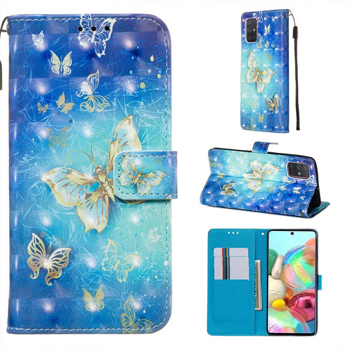 3D Painting Style Leather Phone Wallet Stand Case for Samsung Galaxy A71 - Blue Shiny Butterflies - 1