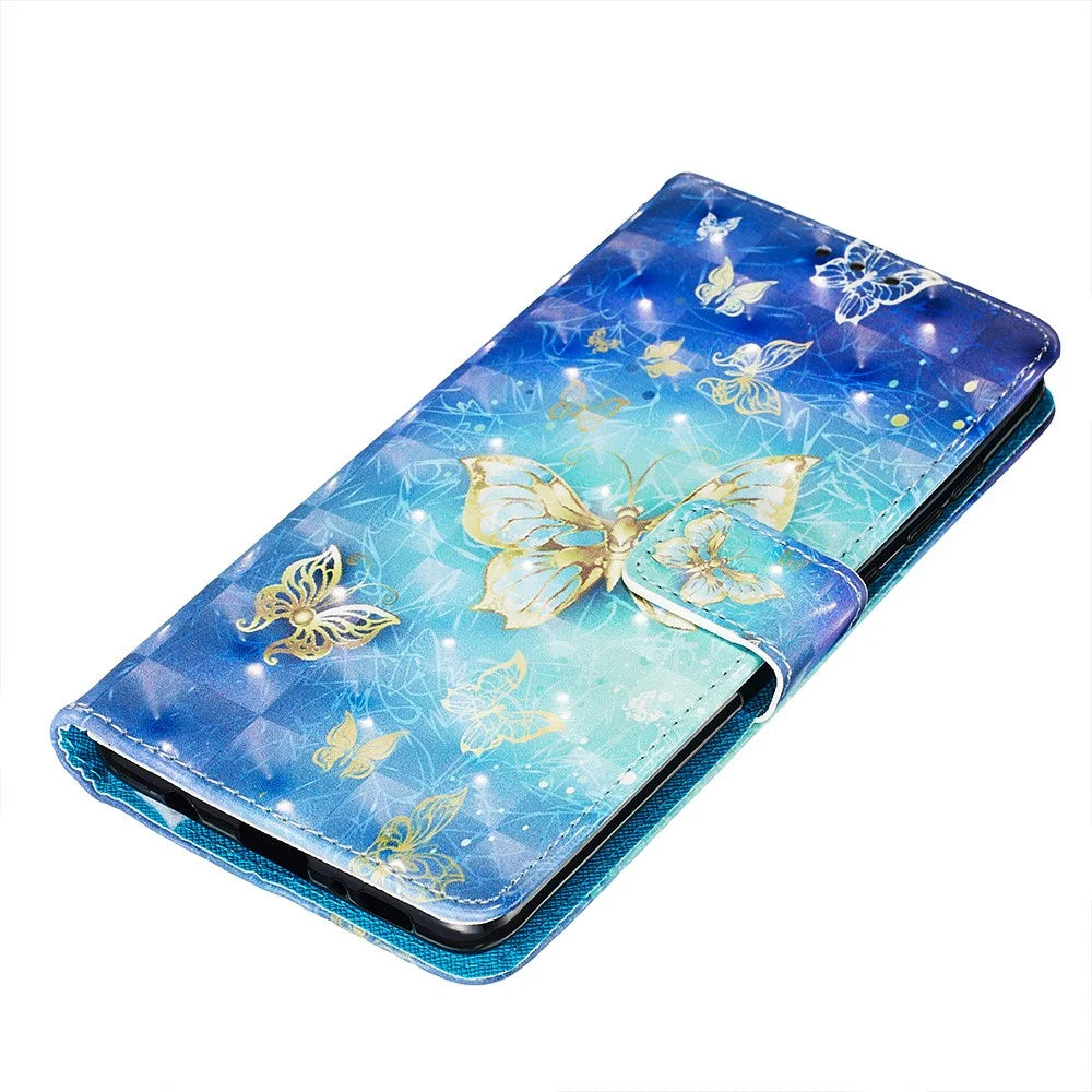 3D Painting Style Leather Phone Wallet Stand Case for Samsung Galaxy A71 - Blue Shiny Butterflies - 3