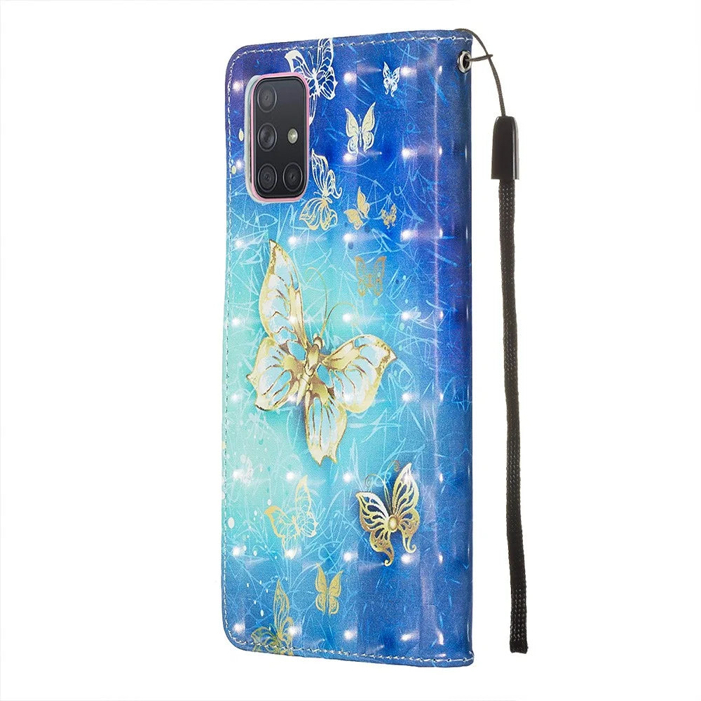 3D Painting Style Leather Phone Wallet Stand Case for Samsung Galaxy A71 - Blue Shiny Butterflies - 5