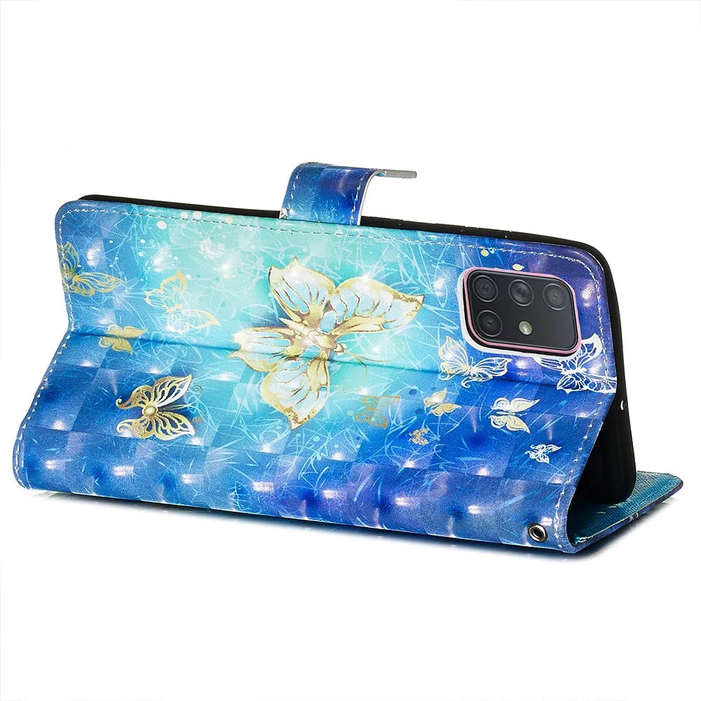 3D Painting Style Leather Phone Wallet Stand Case for Samsung Galaxy A71 - Blue Shiny Butterflies - 6