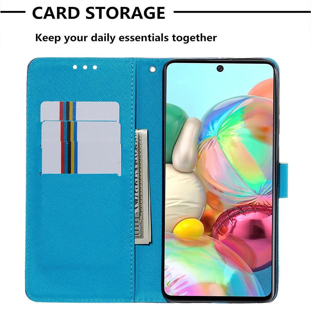 3D Painting Style Leather Phone Wallet Stand Case for Samsung Galaxy A71 - Blue Shiny Butterflies - 7