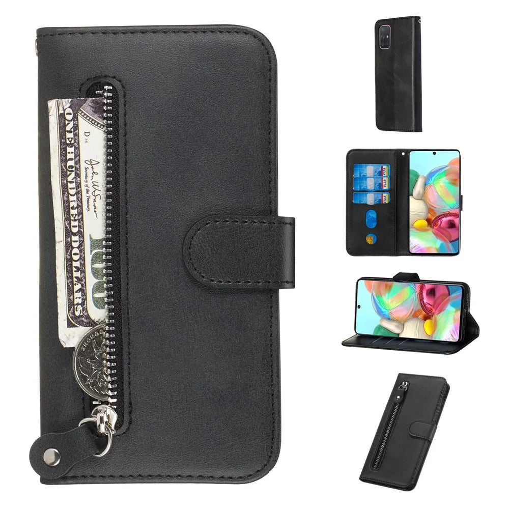For Samsung Galaxy A71 PU Leather Cases with Zipper Pocket Wallet Phone Cover Stand - Black - 1