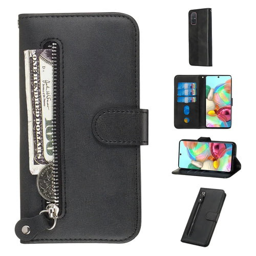 For Samsung Galaxy A71 PU Leather Cases with Zipper Pocket Wallet Phone Cover Stand - Black - 1