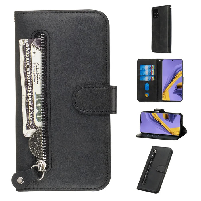 For Samsung Galaxy A51 PU Leather Cases with Zipper Pocket Wallet Phone Cover Stand - Black - 1