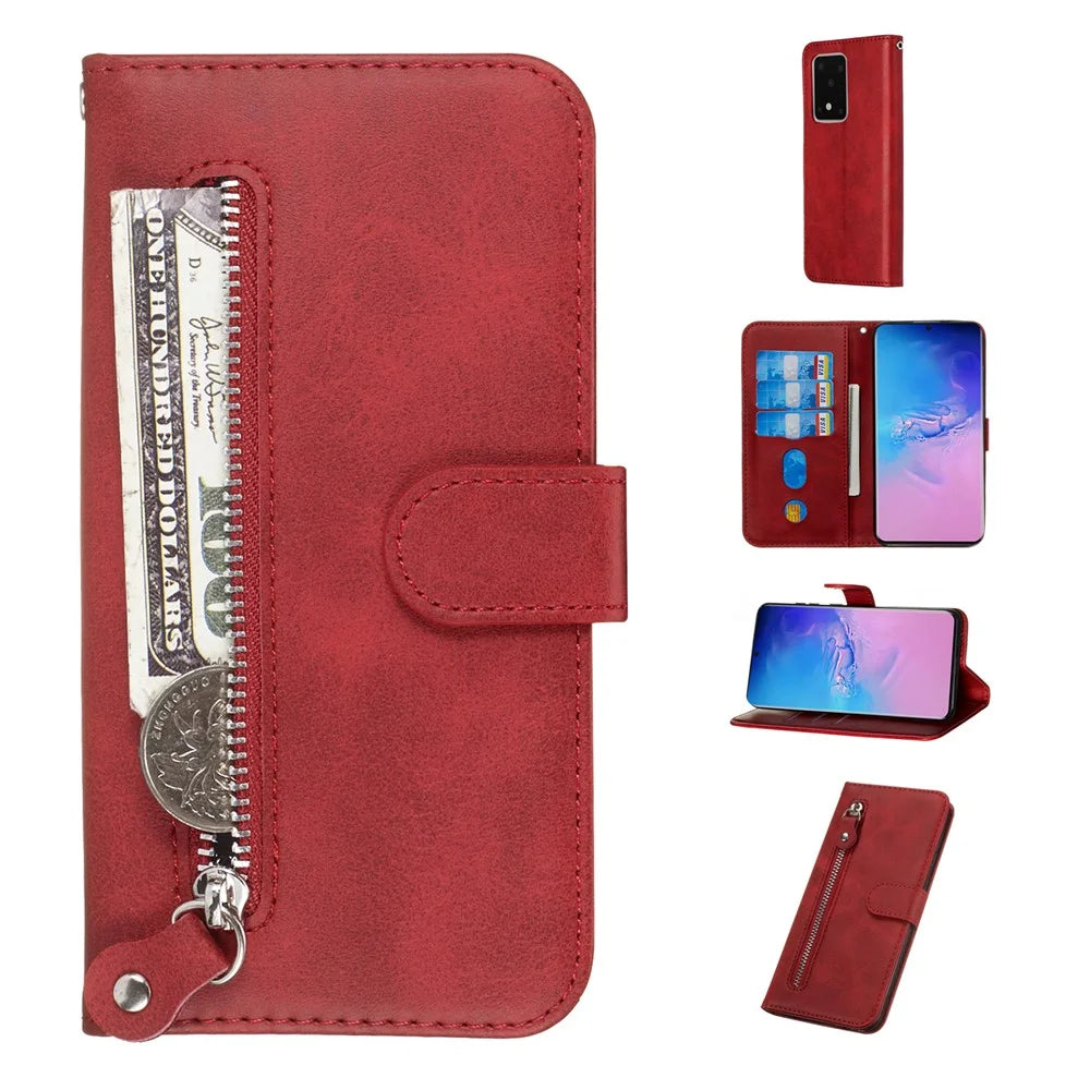 For Samsung Galaxy S20 Ultra PU Leather Cases with Zipper Pocket Wallet Phone Cover Stand - Red - 1