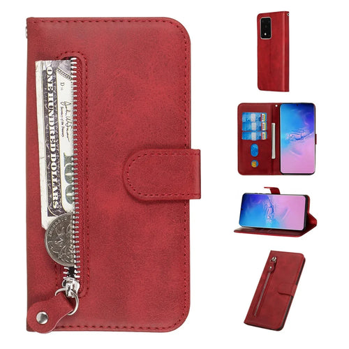 For Samsung Galaxy S20 Ultra PU Leather Cases with Zipper Pocket Wallet Phone Cover Stand - Red - 1
