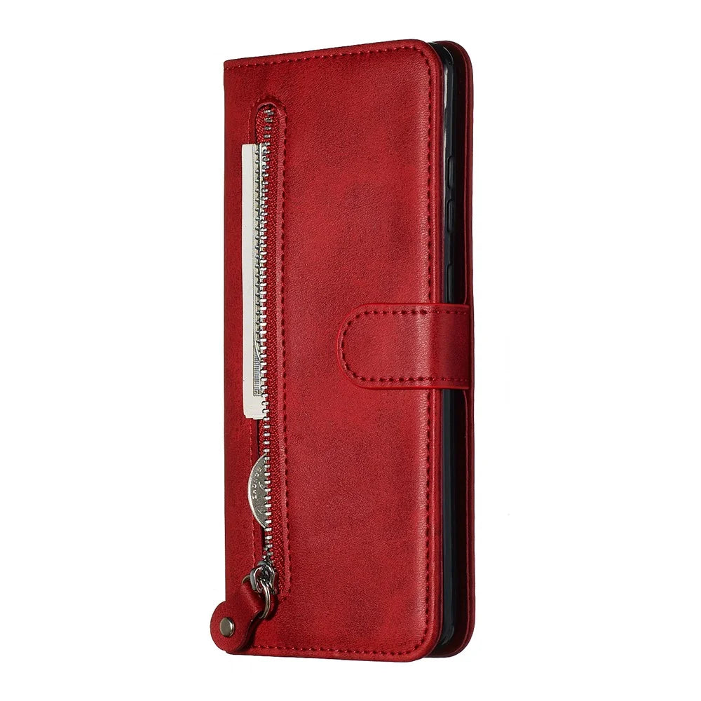 For Samsung Galaxy S20 Ultra PU Leather Cases with Zipper Pocket Wallet Phone Cover Stand - Red - 4