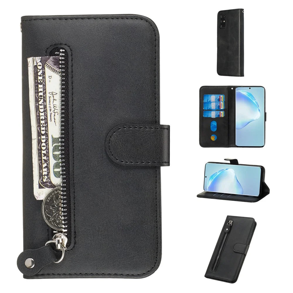 For Samsung Galaxy S20 Plus PU Leather Cases with Zipper Pocket Wallet Phone Cover Stand - Black - 1