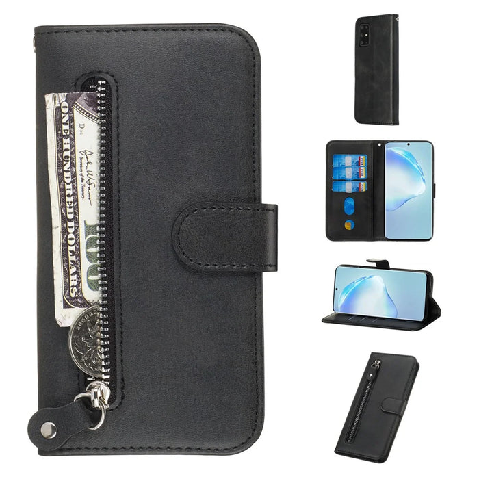 For Samsung Galaxy S20 Plus PU Leather Cases with Zipper Pocket Wallet Phone Cover Stand - Black - 1