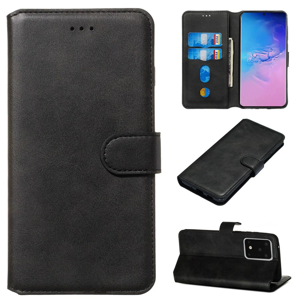 Solid Color Classic Flip Leather Wallet Phone Casing for Samsung Galaxy S20 Ultra - Black - 1