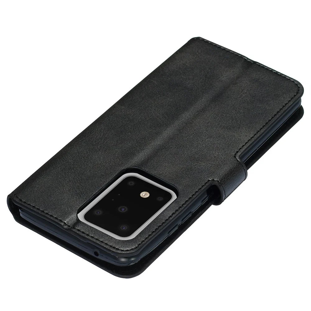 Solid Color Classic Flip Leather Wallet Phone Casing for Samsung Galaxy S20 Ultra - Black - 4