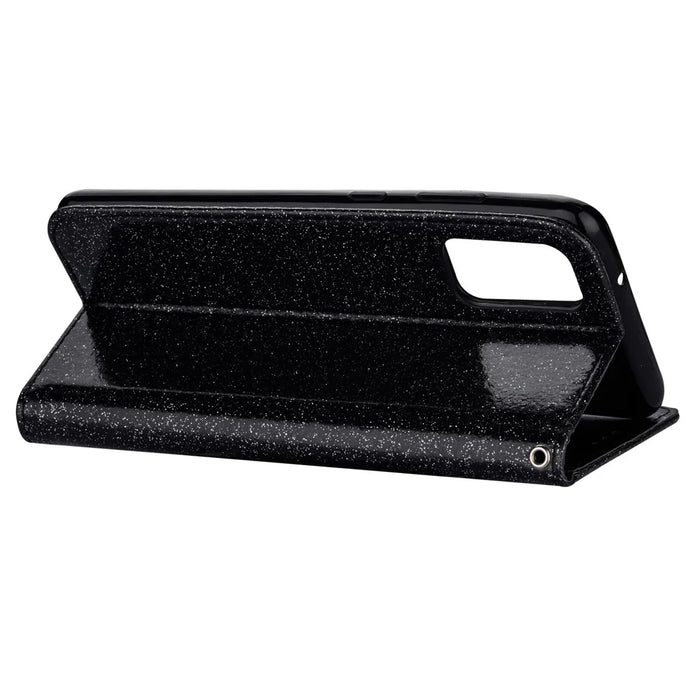 Glitter Powder Zippered Stand Leather Wallet Case with Strap for Samsung Galaxy S20 Plus / S20 Plus 5G - Black - 5