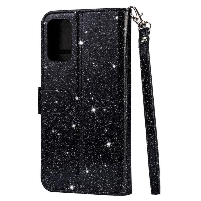 Glitter Powder Zippered Stand Leather Wallet Case with Strap for Samsung Galaxy S20 Plus / S20 Plus 5G - Black - 6