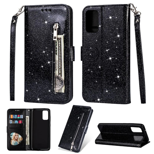 Flash Powder Zipper Pocket Leather Wallet Case Phone Shell for Samsung Galaxy S20 4G/S20 5G - Black - 1