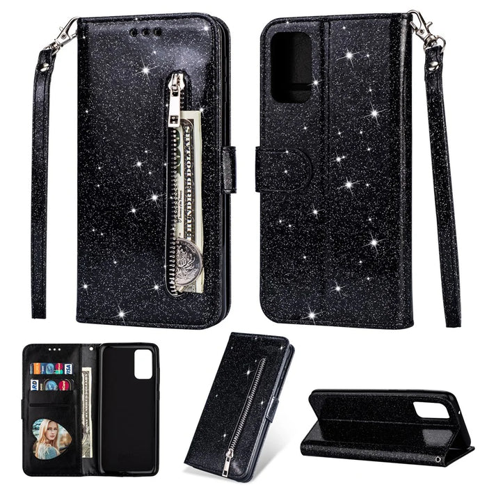 Flash Powder Zipper Pocket Leather Wallet Case Phone Shell for Samsung Galaxy S20 4G/S20 5G - Black - 1