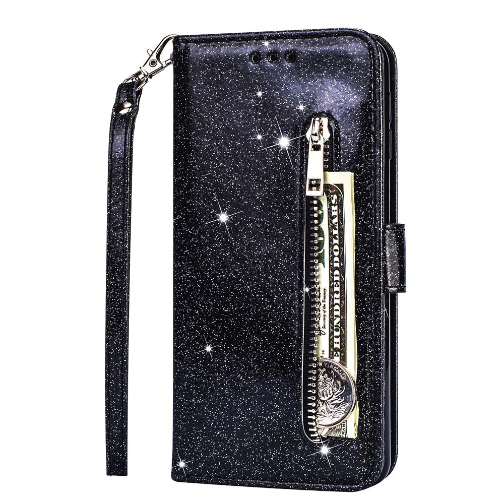 Flash Powder Zipper Pocket Leather Wallet Case Phone Shell for Samsung Galaxy S20 4G/S20 5G - Black - 3