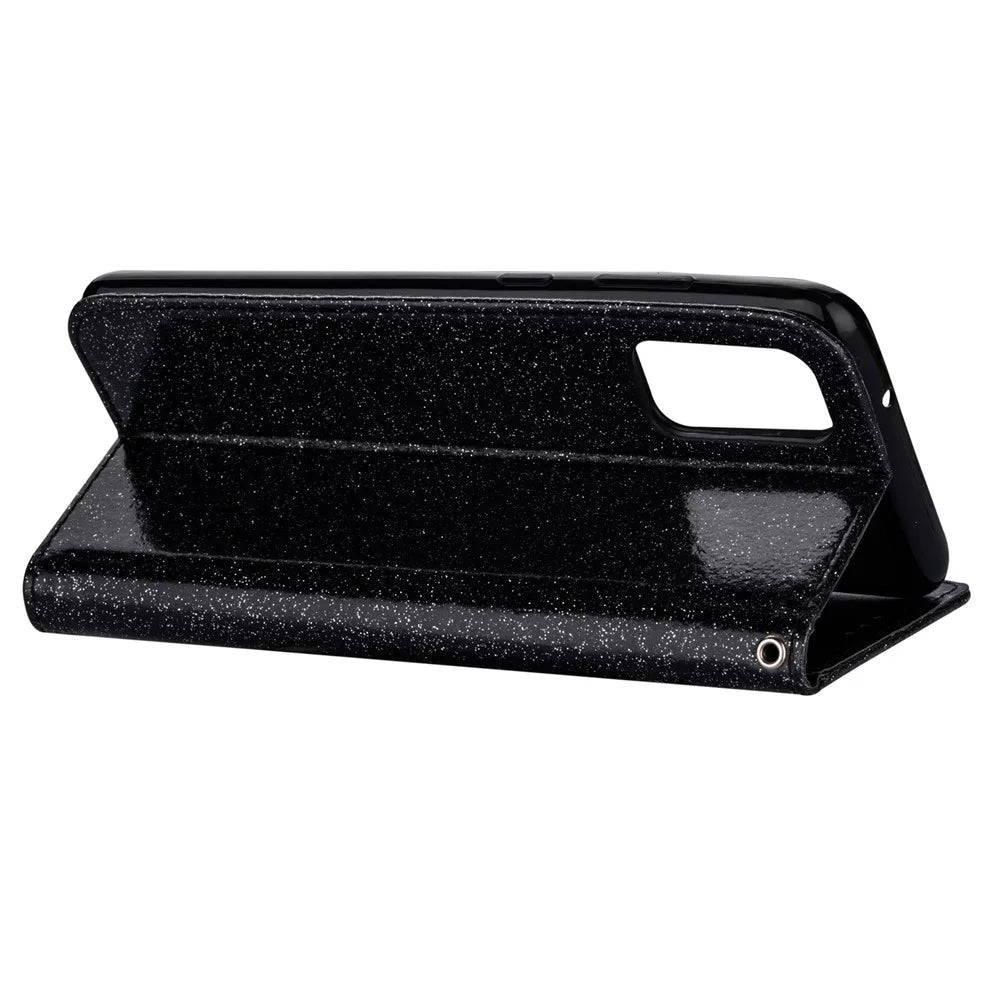 Flash Powder Zipper Pocket Leather Wallet Case Phone Shell for Samsung Galaxy S20 4G/S20 5G - Black - 5