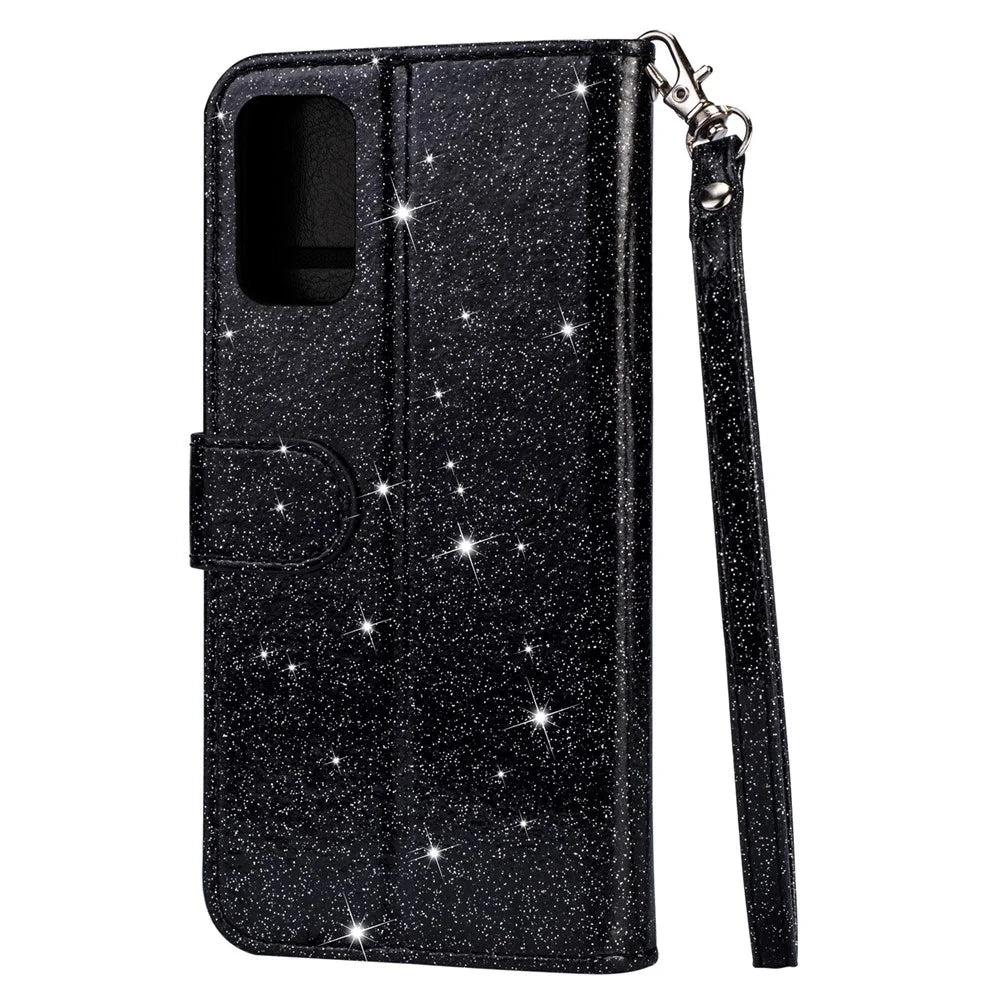 Flash Powder Zipper Pocket Leather Wallet Case Phone Shell for Samsung Galaxy S20 4G/S20 5G - Black - 6
