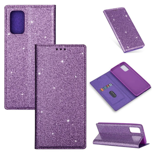 Flash Powder Auto-absorbed Leather Stand Shell for Samsung Galaxy S20 4G/S20 5G - Purple - 1