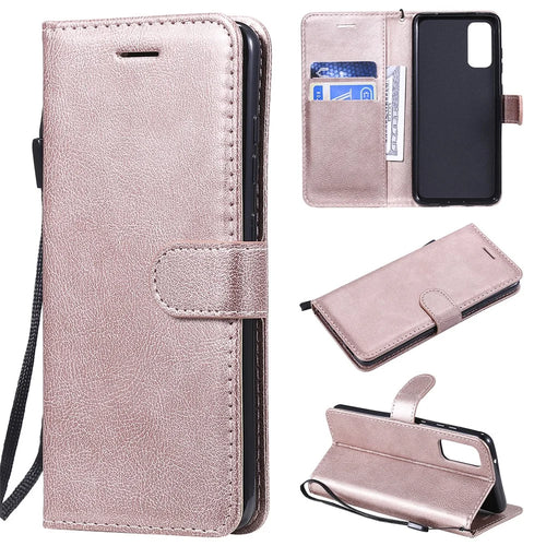 For Samsung Galaxy S20 4G / S20 5G Case Solid Color Leather Mobile Cover Wallet Stand with Strap - Rose Gold - 1