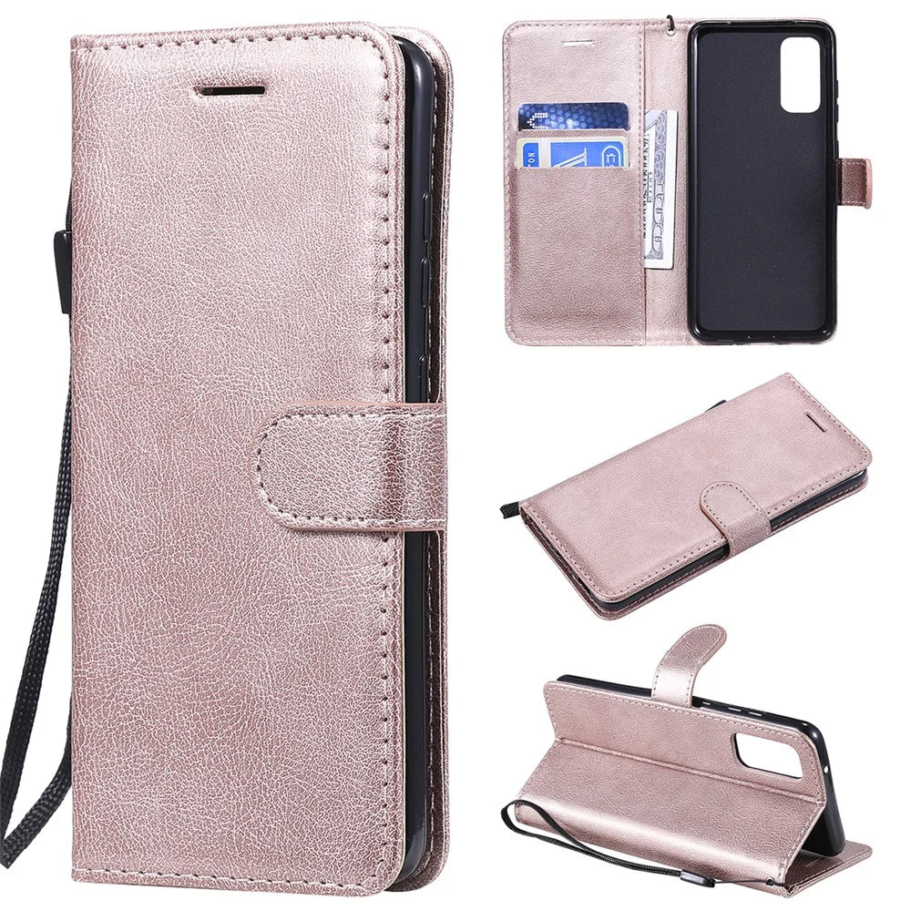 For Samsung Galaxy S20 4G / S20 5G Case Solid Color Leather Mobile Cover Wallet Stand with Strap - Rose Gold - 1