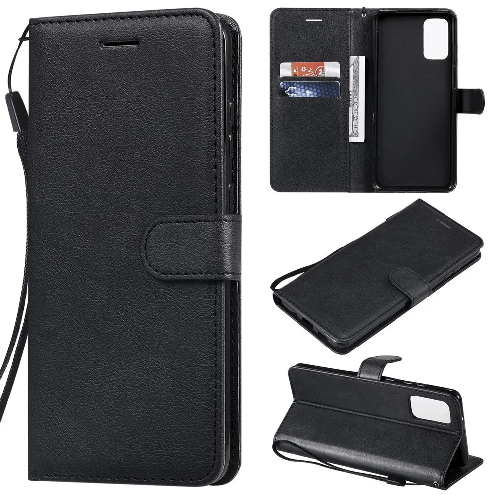 For Samsung Galaxy S20 Plus Case Solid Color Leather Mobile Cover Wallet Stand with Strap - Black - 1