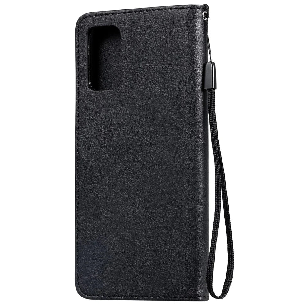 For Samsung Galaxy S20 Plus Case Solid Color Leather Mobile Cover Wallet Stand with Strap - Black - 3