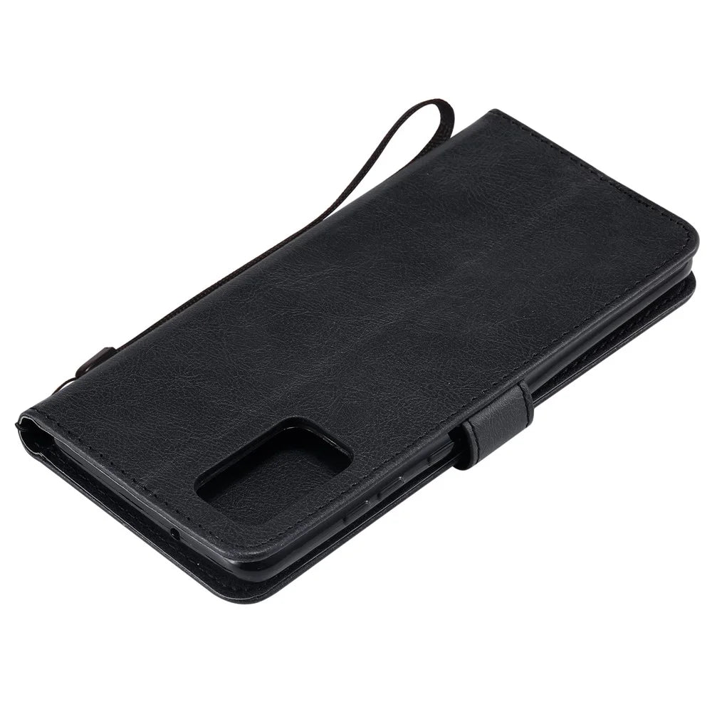 For Samsung Galaxy S20 Plus Case Solid Color Leather Mobile Cover Wallet Stand with Strap - Black - 6