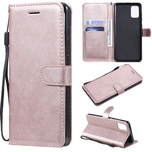 For Samsung Galaxy A71 Case Solid Color Leather Mobile Cover Wallet Stand with Strap - Rose Gold - 1