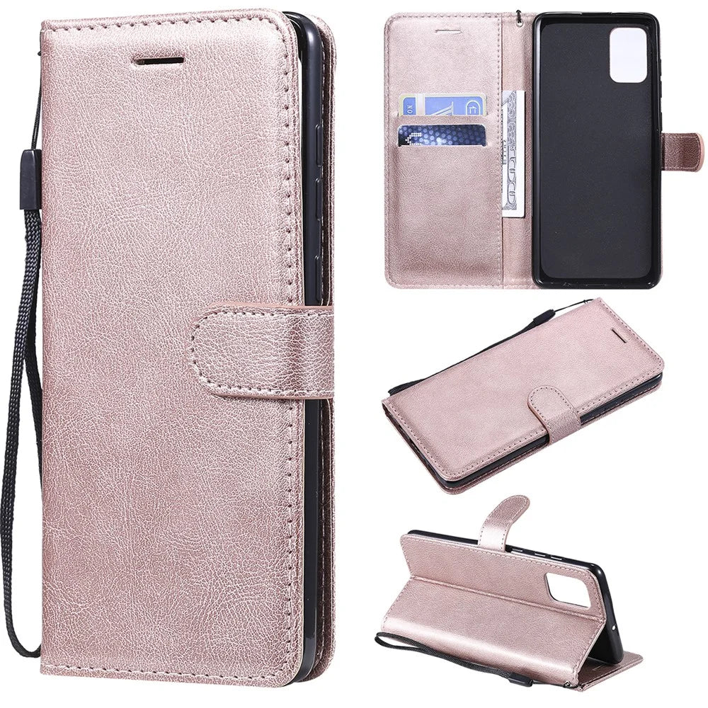 For Samsung Galaxy A71 Case Solid Color Leather Mobile Cover Wallet Stand with Strap - Rose Gold - 1