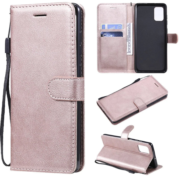 For Samsung Galaxy A71 Case Solid Color Leather Mobile Cover Wallet Stand with Strap - Rose Gold - 1