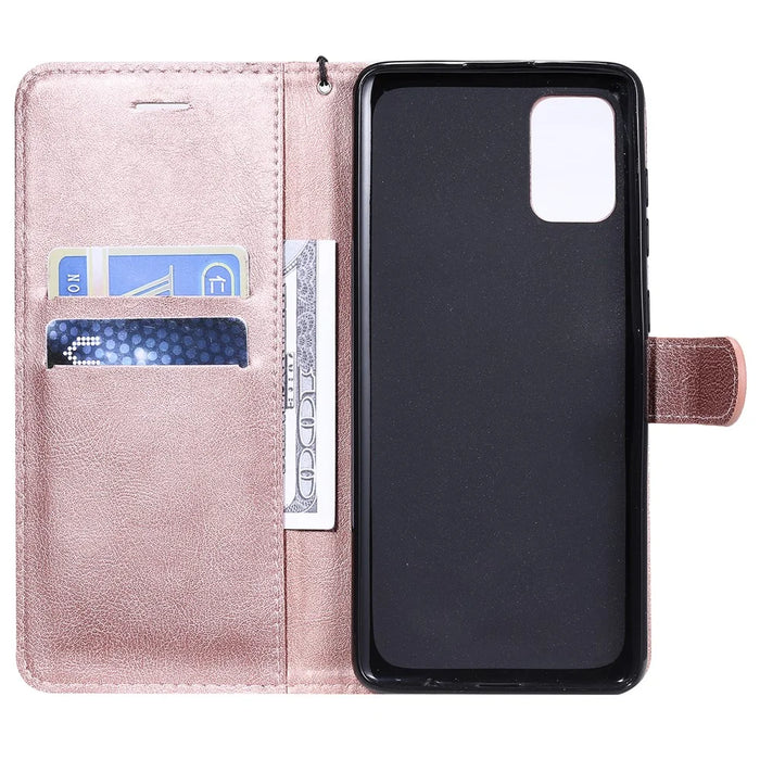 For Samsung Galaxy A71 Case Solid Color Leather Mobile Cover Wallet Stand with Strap - Rose Gold - 4