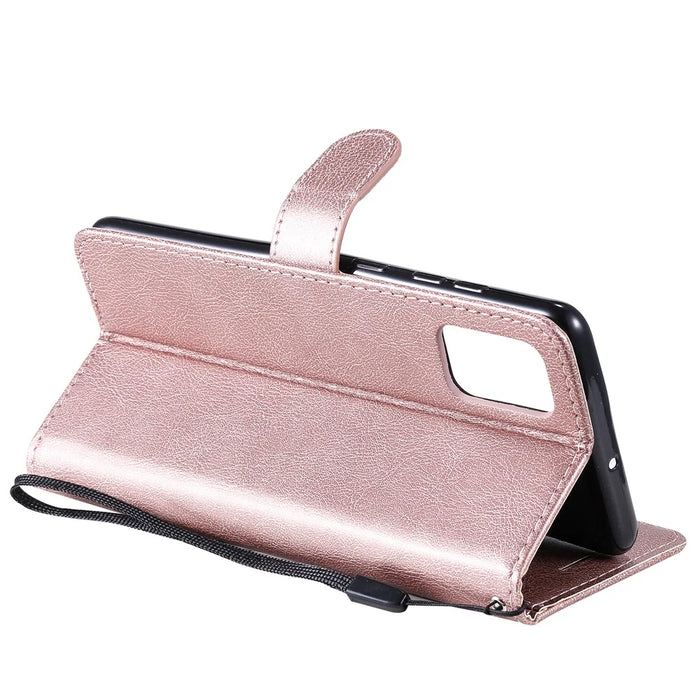 For Samsung Galaxy A71 Case Solid Color Leather Mobile Cover Wallet Stand with Strap - Rose Gold - 5