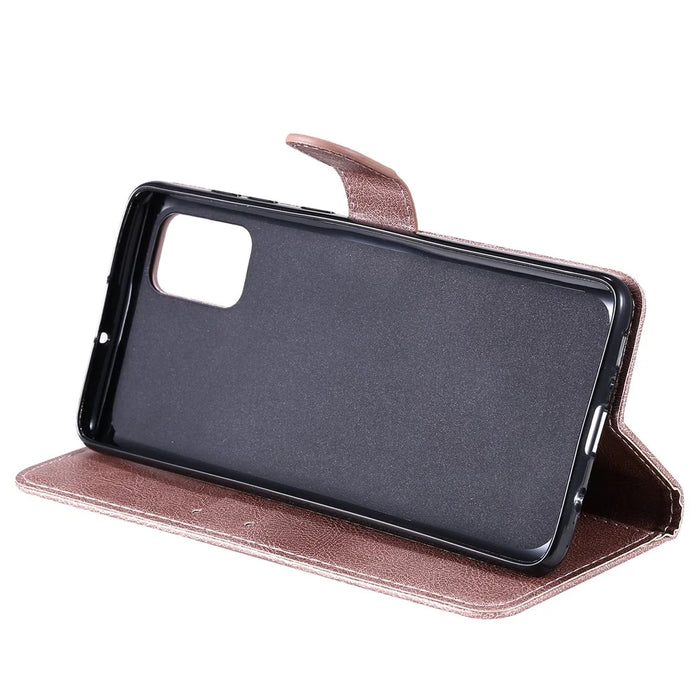For Samsung Galaxy A71 Case Solid Color Leather Mobile Cover Wallet Stand with Strap - Rose Gold - 6