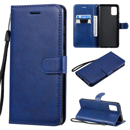 For Samsung Galaxy A51 Case Solid Color Leather Mobile Cover Wallet Stand with Strap - Blue - 1