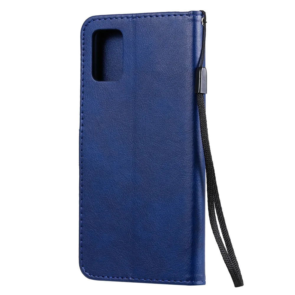 For Samsung Galaxy A51 Case Solid Color Leather Mobile Cover Wallet Stand with Strap - Blue - 3