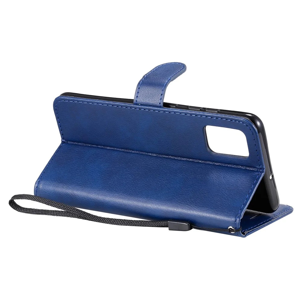 For Samsung Galaxy A51 Case Solid Color Leather Mobile Cover Wallet Stand with Strap - Blue - 5