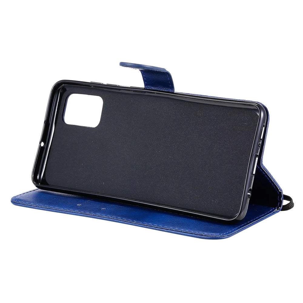 For Samsung Galaxy A51 Case Solid Color Leather Mobile Cover Wallet Stand with Strap - Blue - 6