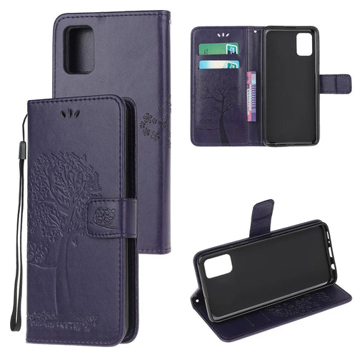 Imprint Tree Owl PU Leather Wallet Stand Phone Case for Samsung Galaxy A91/S10 Lite/M80s - Dark Purple - 1