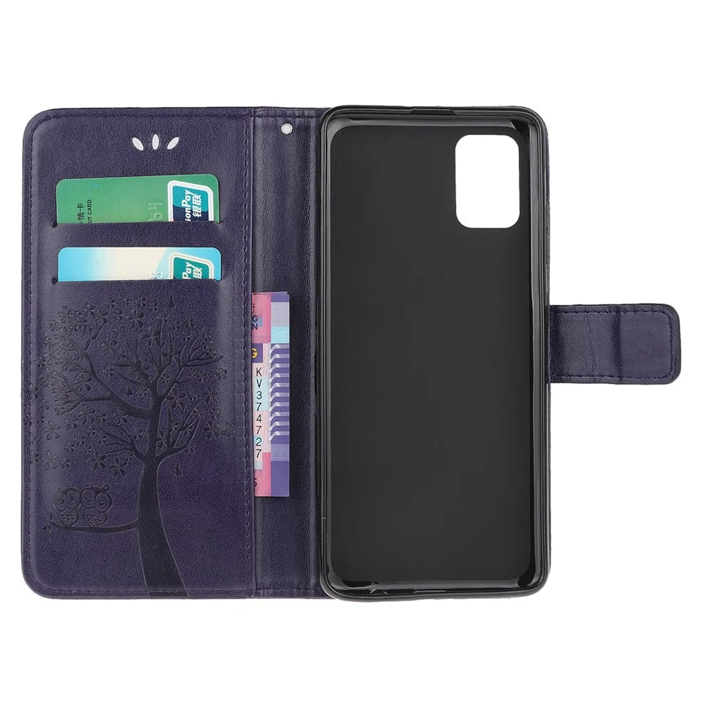 Imprint Tree Owl PU Leather Wallet Stand Phone Case for Samsung Galaxy A91/S10 Lite/M80s - Dark Purple - 5