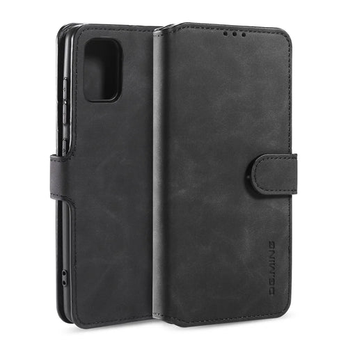 DG.MING Retro Style Wallet Leather Stand Shell Case for Samsung Galaxy A51 - Black - 1