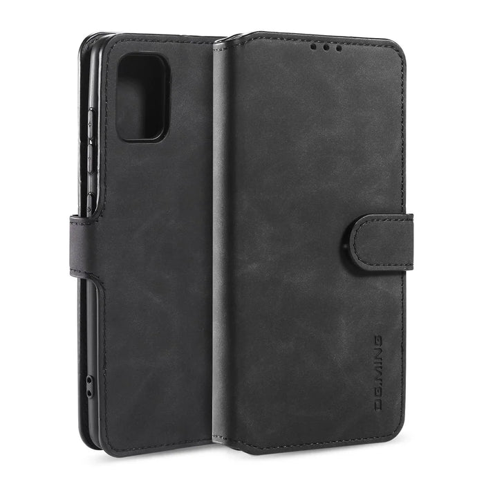 DG.MING Retro Style Wallet Leather Stand Shell Case for Samsung Galaxy A51 - Black - 1