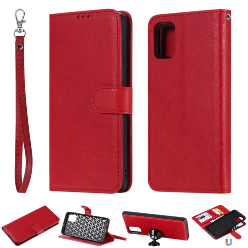 For Samsung Galaxy A51 Case 2 in 1 Detachable Magnetic Leather Wallet Mobile Cover with Strap - Red - 1