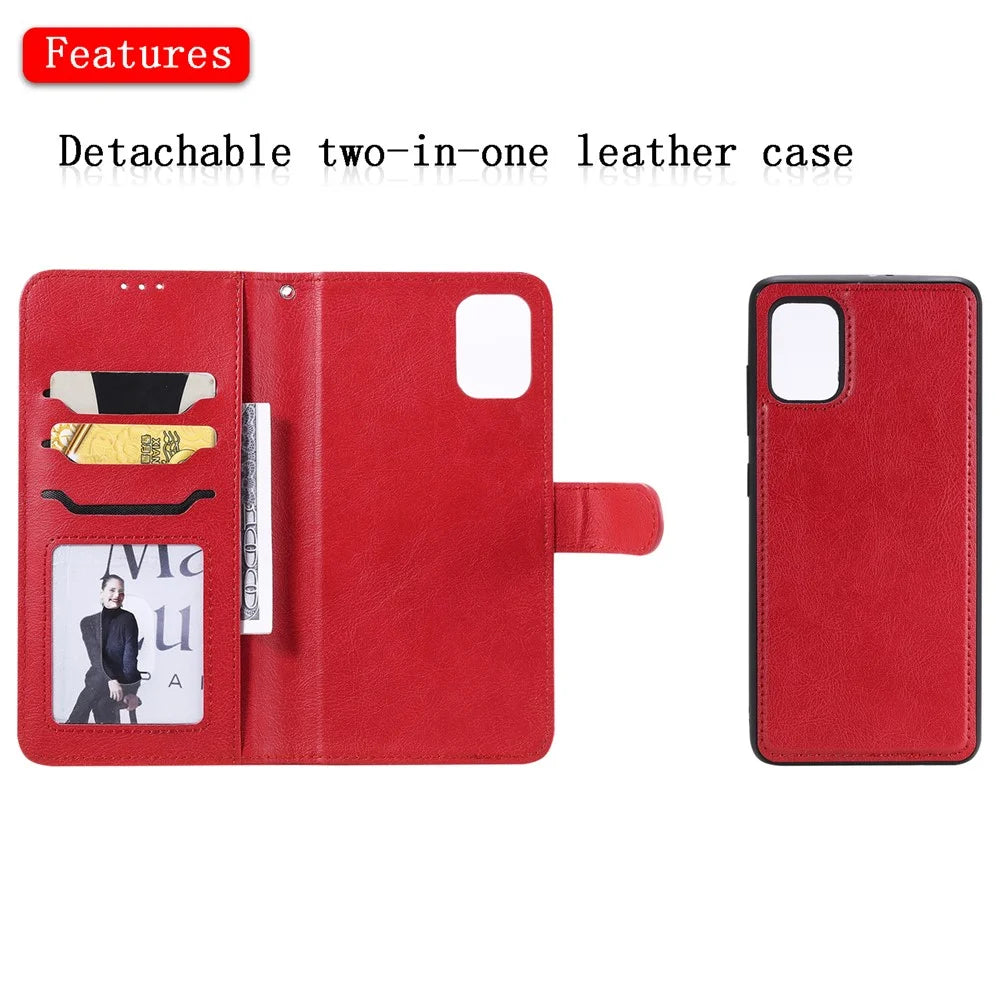 For Samsung Galaxy A51 Case 2 in 1 Detachable Magnetic Leather Wallet Mobile Cover with Strap - Red - 4