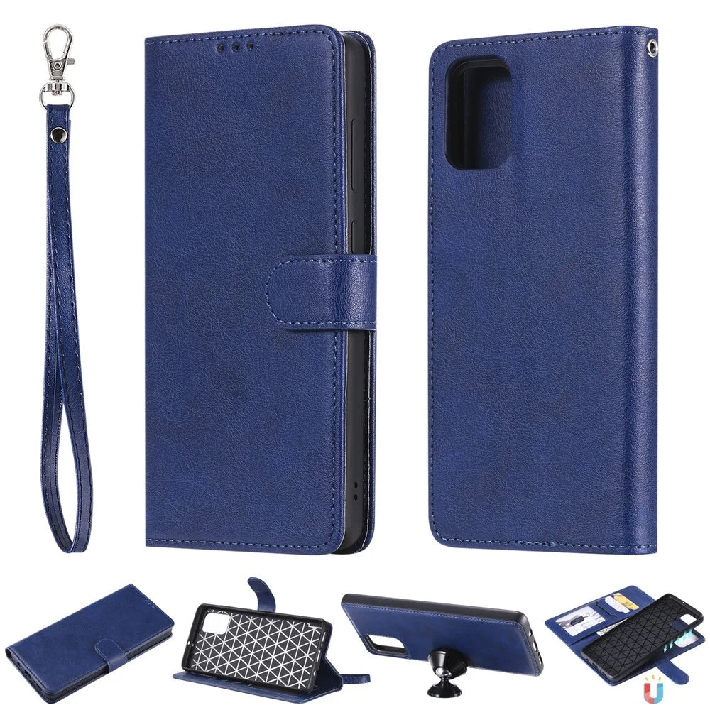 For Samsung Galaxy A71 Case 2 in 1 Detachable Magnetic Leather Wallet Mobile Cover with Strap - Blue - 1