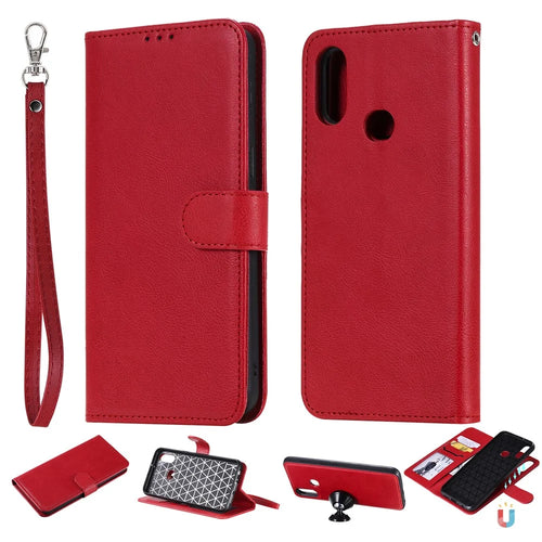 For Samsung Galaxy A10s Case 2 in 1 Detachable Magnetic Leather Wallet Mobile Cover with Strap - Red - 1