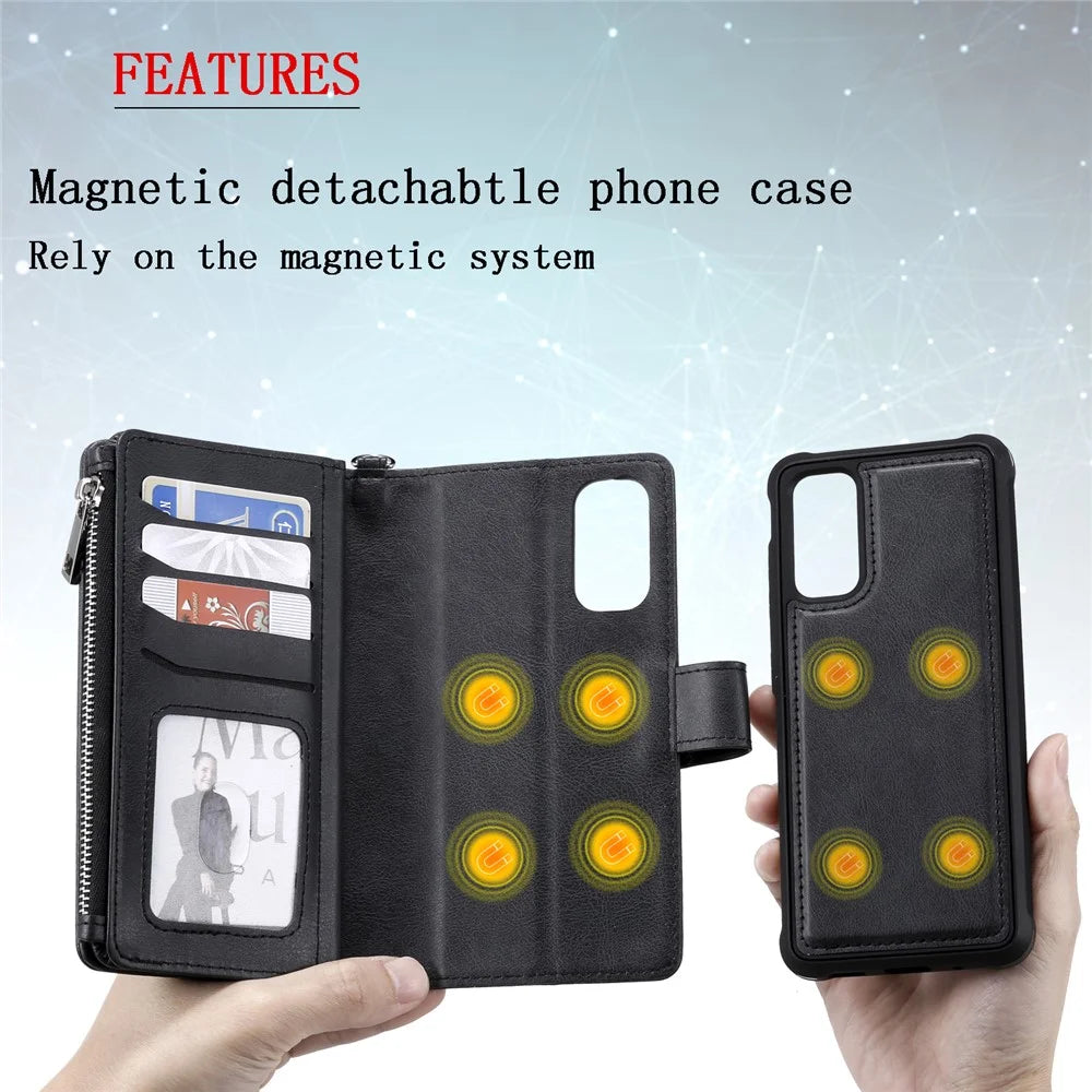 For Samsung Galaxy S20 4G / S20 5G Case 2 in 1 Detachable Magnetic Leather Wallet Mobile Cover with Strap - Black - 4
